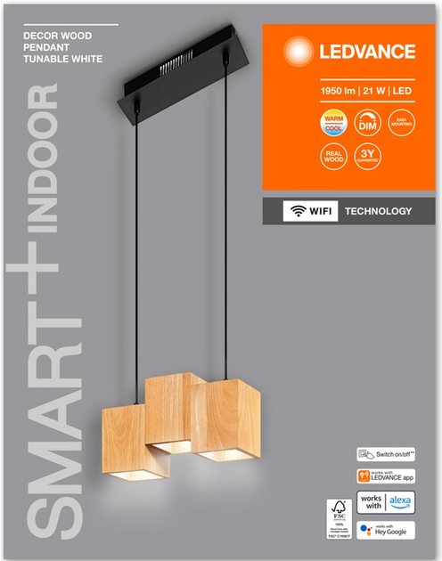 Lampa sufitowa LEDVANCE SMART+ Wi-Fi Decor Wood Pendant 21W 3000-6500K 1200Lm (4058075757462) - obraz 5