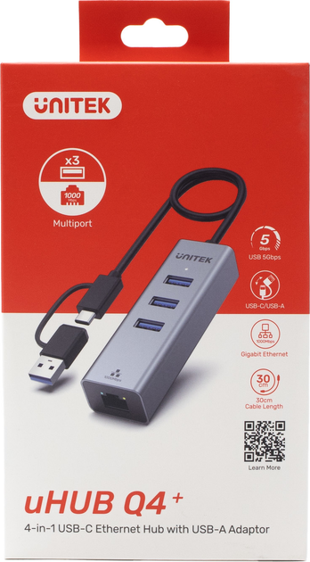 USB-хаб Unitek 4-in-1 Ethernet 3 x USB A 5Gbps USB-C з адаптером USB A Space Grey (Y-3088B) - зображення 4