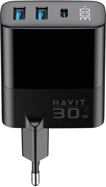 Ładowarka sieciowa Havit UCLE001 GaN 30W 2xUSB-A+USB-C (HV-UCLE001-BK) - obraz 4