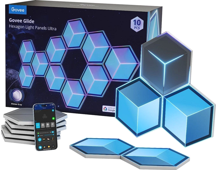Набір настінних світильників Govee H606A Glide Hexagon Light, 7, RGBIC, WI-FI/Bluetooth Білий (6974316998662) - зображення 1