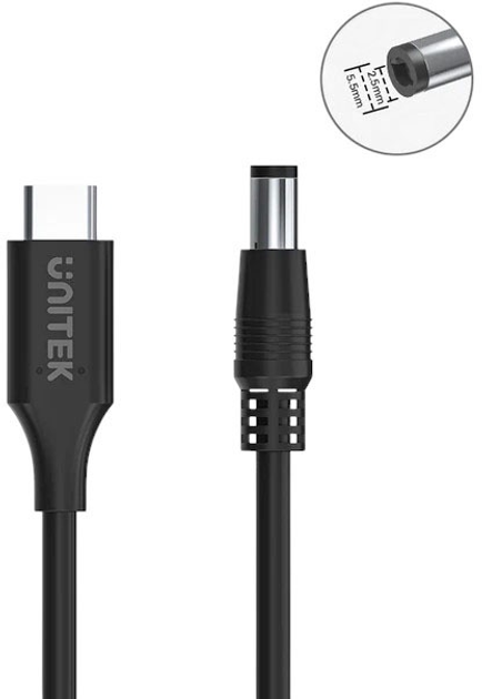 Кабель Unitek USB-C - DC Jack 5.5 x 2.5 мм 65W 1.8 м Black (C14116BK-1.8M) - зображення 3