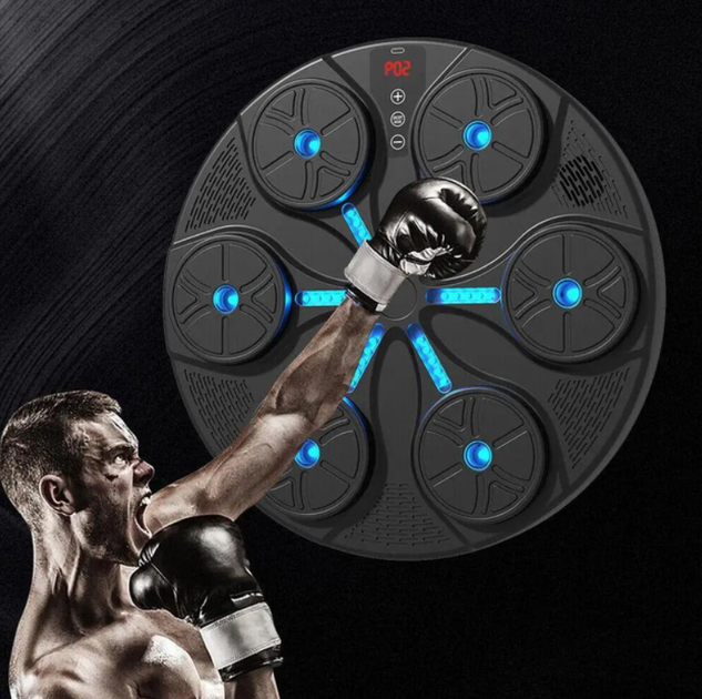 Тренажер для бокса музыкальный, с подсветкой и Bluetooth, 6 целей, круглый, с перчатками, черный - изображение 4