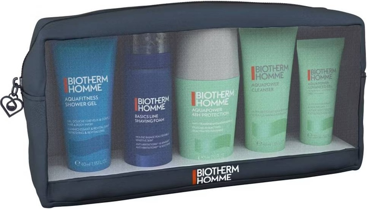 Набір для догляду Biotherm Homme Aquapower Гель для вмивання обличчя 40 мл + Гель для душу Aquafitness 40 мл + Пінка для гоління 50 мл + Роликовий дезодорант 75 мл + Гель Advanced 20 мл + Косметичка (3660732662197) - зображення 3