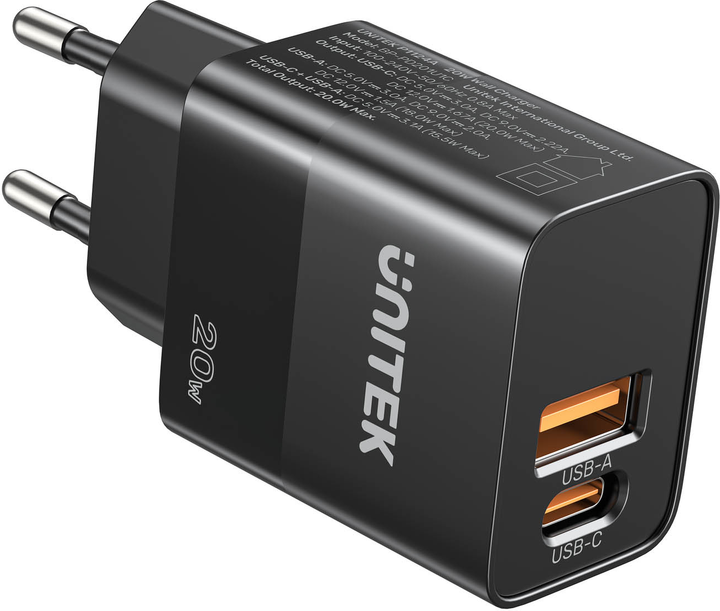 Мережевий зарядний пристрій Unitek USB-A + USB-C 20W Black (P1124ABK01-EU) - зображення 1