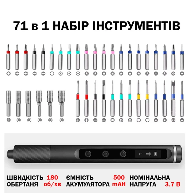 Електрична викрутка 71в1 із набором презиційних магнітних біт для ремонту смартфонів, ноутбуків - изображение 2