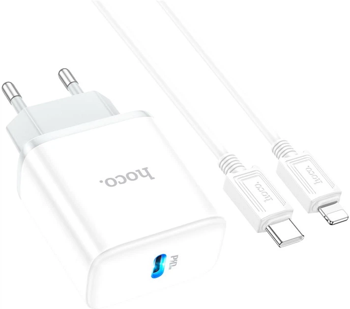 Мережевий зарядний пристрій з кабелем Hoco C104A Stage single port PD20W charger set (C to iP) (EU) White (6931474782908) - Фото 5 Мережевий зарядний пристрій з кабелем Hoco C104A Stage single port PD20W charger set (C to iP) (EU) White (6931474782908) - зображення 5
