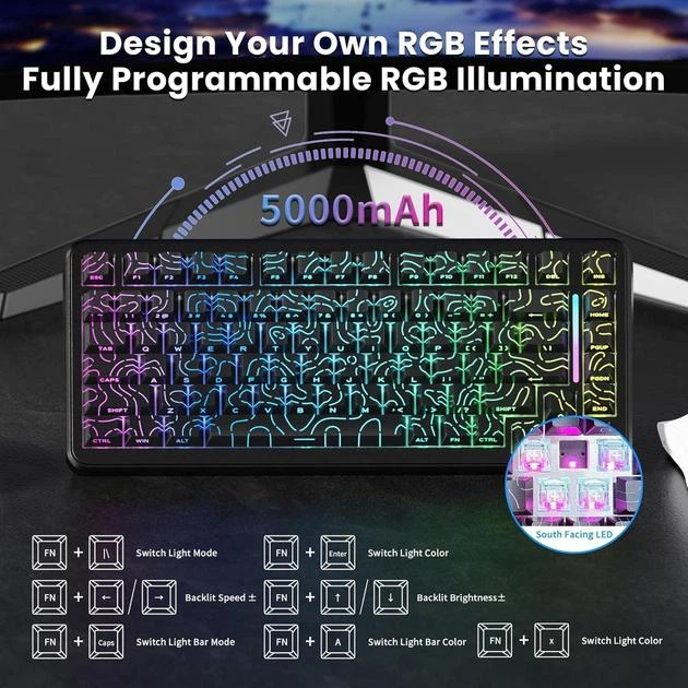 Клавіатура Магнітна ATTACK SHARK X82 PRO HE Black Contour Бездротова Ігрова RGB. 2.4G/Bluetooth/Кабель. Батарея 5000mAh. Кабель Авіатор. 8000 Герц/c. Магнітні Світчі - зображення 8