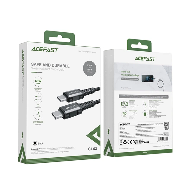 Кабель Acefast C1-03 PD 60W 3A Type-C to Type-C 1.2m Black - Фото 6 Кабель Acefast C1-03 PD 60W 3A Type-C to Type-C 1.2m Black - изображение 6