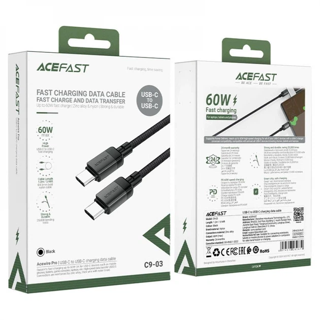 Кабель Acefast C8-03 USB-C-USB-C 60W 1.2m Black - Фото 3 Кабель Acefast C8-03 USB-C-USB-C 60W 1.2m Black - изображение 3