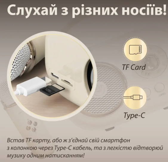 Акустична система RETRO з мікрофоном Бездротова портативна Bluetooth колонка на акумуляторі Міні караоке - Фото 6 Акустична система RETRO з мікрофоном Бездротова портативна Bluetooth колонка на акумуляторі Міні караоке - изображение 6
