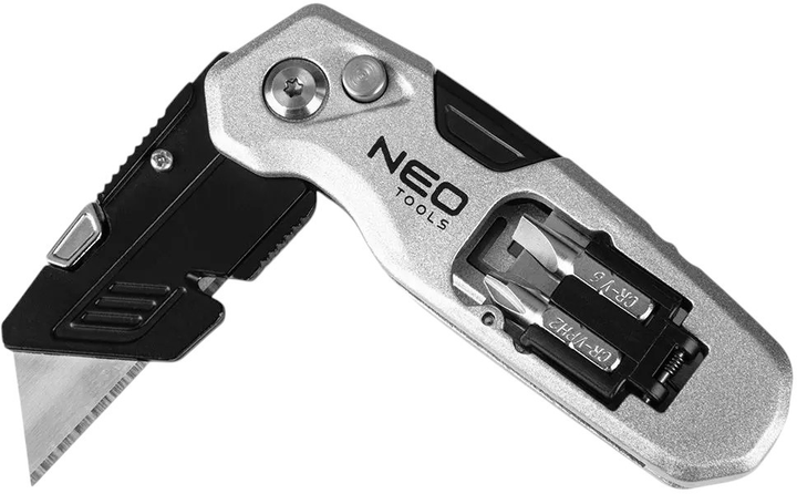 Ніж з трапецієподібним лезом NEO Tools складний 1+3 леза, 2 біти 63-705 (5907558472295) - зображення 3