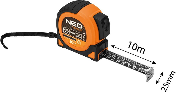 Рулетка NEO Tools Super Black сталева 10 м x 25 мм з автоматичним блокуванням, 2 кнопками стоп та магнітом 67-245 (5907558472271) - зображення 9