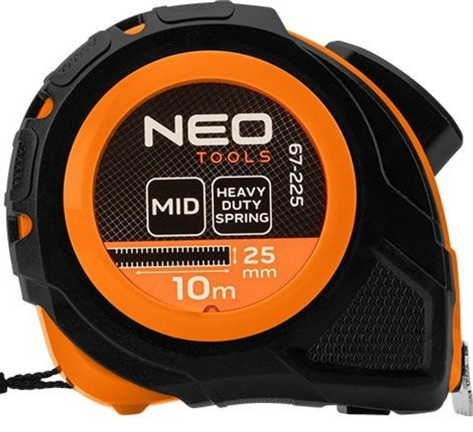 Рулетка NEO Tools сталева 10 м x 25 мм з автоматичним блокуванням та 2 кнопками зупинки 67-225 (5907558499964) - зображення 1