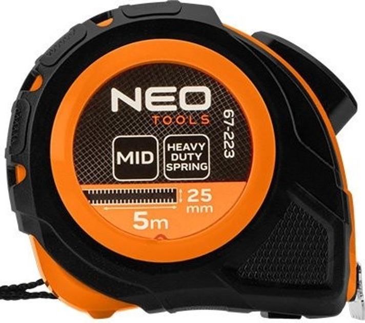 Рулетка NEO Tools сталева 5 м x 25 мм з автоматичним блокуванням та 2 кнопками зупинки 67-223 (5907558499940) - зображення 1