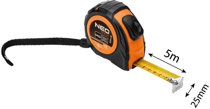 Рулетка NEO Tools сталева 5 м x 25 мм з автоматичним блокуванням та 2 кнопками зупинки 67-223 (5907558499940) - зображення 9