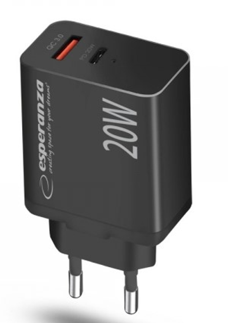 Мережевий зарядний пристрій Esperanza 20W USB-C + USB-A Black (5901299960561) - зображення 2