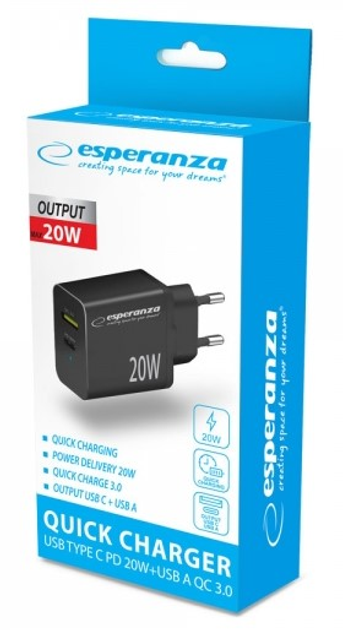 Мережевий зарядний пристрій Esperanza 20W USB-C + USB-A Black (5901299960561) - зображення 3