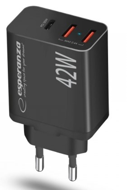 Мережевий зарядний пристрій Esperanza 42W USB-C PD 30W / 2x USB-A 12W Black (5901299960585) - зображення 2