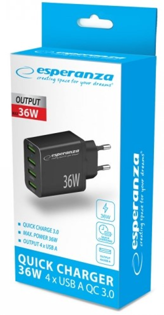 Ładowarka sieciowa Esperanza 36W 4x USB-A QC 3.0 18W Black (5901299960592) - obraz 3
