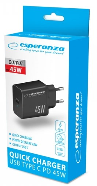 Мережевий зарядний пристрій Esperanza 45W USB-C PD Black (5901299960608) - зображення 3