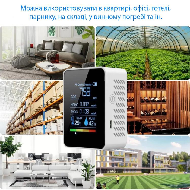 Цифровой анализатор качества воздуха 5 в 1 датчик температуры, влажности, уровня CO2, TVOC и HCHO 1200 мА - изображение 4