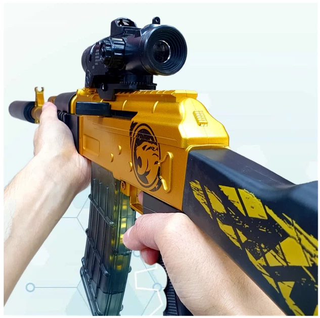 Игрушечный автомат винтовка AK-47 на мягких пулях EVA 92 см с глушителем, оптическим прицелом желтый - изображение 5