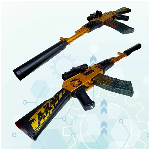 Игрушечный автомат винтовка AK-47 на мягких пулях EVA 92 см с глушителем, оптическим прицелом желтый - изображение 10