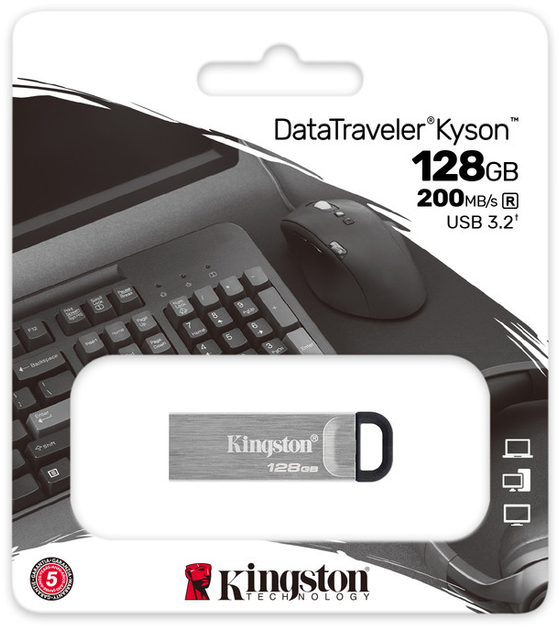 Флеш-накопичувач Kingston USB 3.2 DT Kyson 128GB Silver/Black (DTKN/128GB) - Фото 4 Флеш-накопичувач Kingston USB 3.2 DT Kyson 128GB Silver/Black (DTKN/128GB) - зображення 4