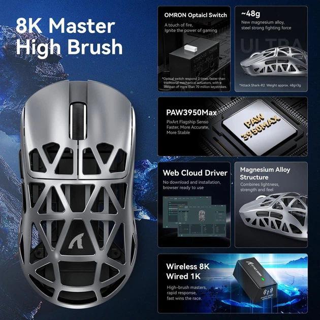 Ігрова Мишка ATTACK SHARK R2 Silver МАГНІЄВИЙ Корпус Безпровідна ...