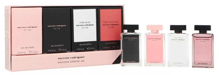 Zestaw miniaturek damskich Narciso Rodriguez Woda toaletowa For Her 7.5 ml + Woda perfumowana For Her 7.5 ml + Woda perfumowana Pure Musc 7.5 ml + Woda perfumowana Musc Noir Rose 7.5 ml (3423222124649) - obraz 1