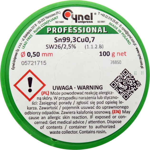 Drut lutowniczy bezołowiowy Cynel z topnikiem na szpuli 0.5 mm 100 g Sn99.3Cu0.7 (5906083070280) - obraz 2