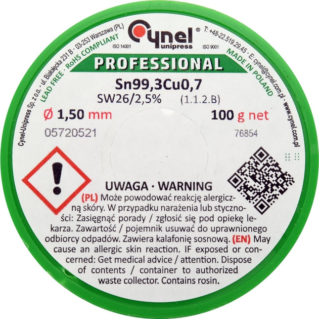Припій без свинцю Cynel Ø1.5 мм, Sn99,3-Cu0,7 дротяний на котушці з флюсом m= 100 г (5906083070327) - зображення 2
