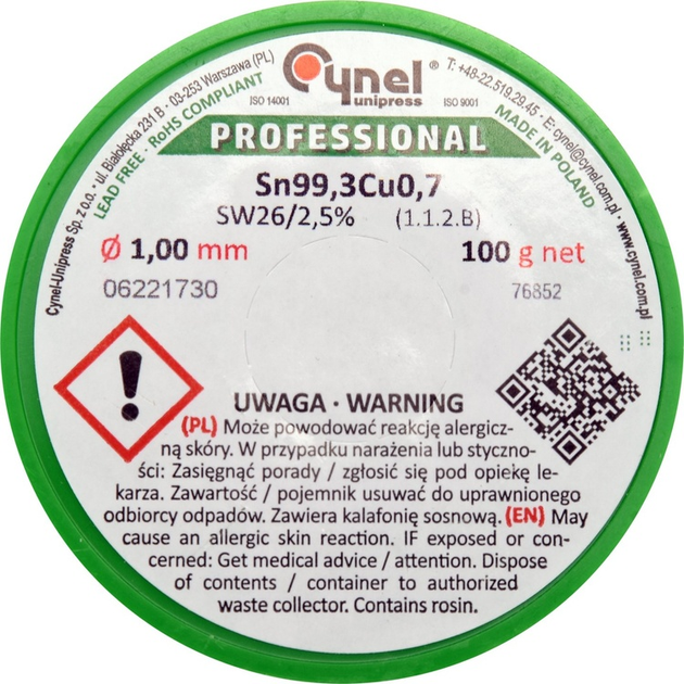Drut lutowniczy bezołowiowy Cynel z topnikiem na szpuli 1 mm 100 g Sn99.3Cu0.7 (5906083070303) - obraz 2