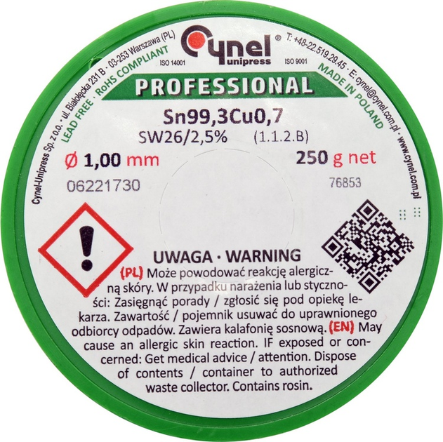 Drut lutowniczy bezołowiowy Cynel z topnikiem na szpuli 1 mm 250 g Sn99.3Cu0.7 (5906083070310) - obraz 2
