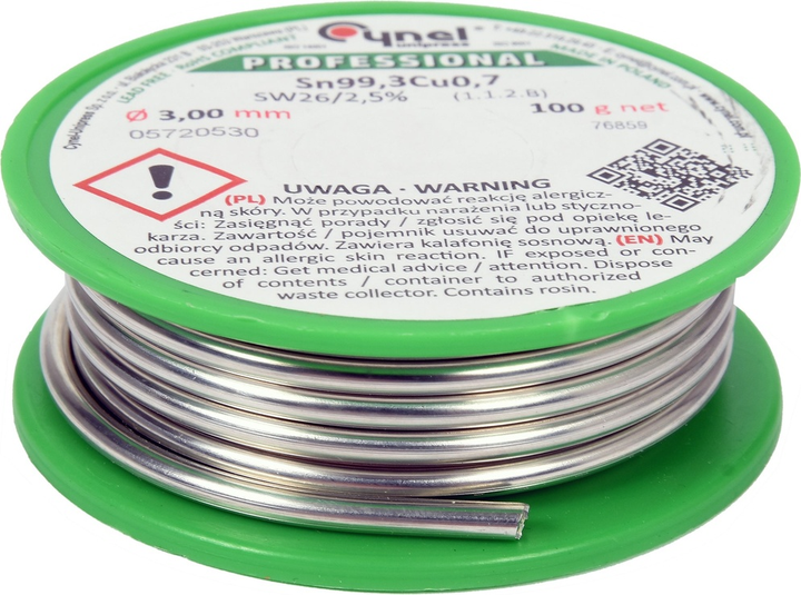 Drut lutowniczy bezołowiowy Cynel z topnikiem na szpuli 3 mm 100 g Sn99.3Cu0.7 (5906083070372) - obraz 1