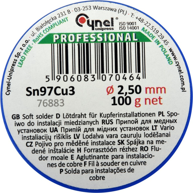 Drut lutowniczy Cynel do instalacji miedzianych na szpuli Sn97Cu3 2.5 mm 100 g (5906083070464) - obraz 2