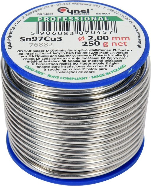 Drut lutowniczy Cynel do instalacji miedzianych na szpuli Sn97Cu3 2 mm 250 g (5906083070457) - obraz 1