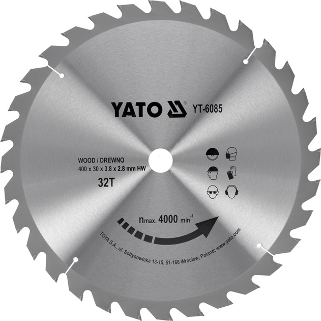 Диск пиляльний побідитовий по дереву YATO 400х30x3.8x2.8 мм 32 зубці до 4000 об/хв (YT-6085) - зображення 1