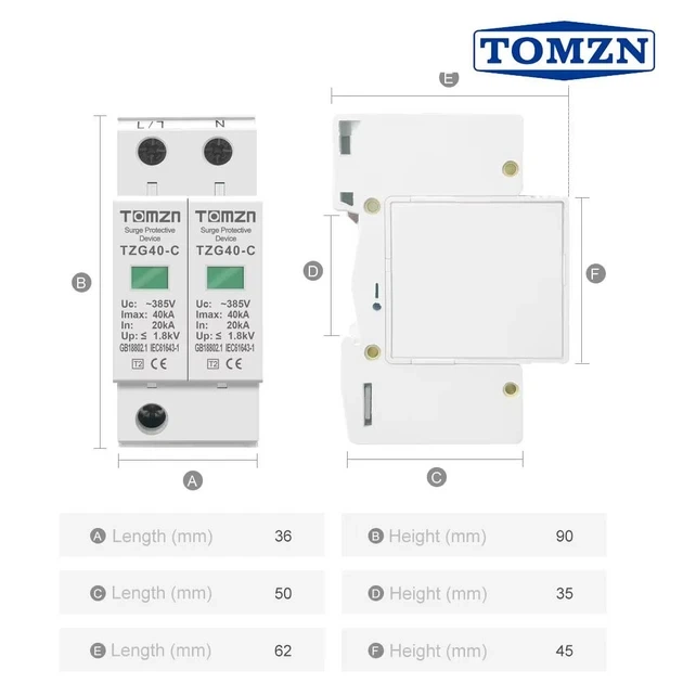 УЗИП TOMZN 2P AC SPD 275V TZG40-C 20-40 кА Устройство защиты от импульсных перенапряжений на переменный ток, молниезащита разрядник - изображение 3
