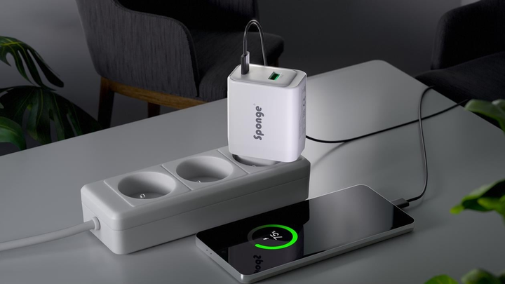 Мережевий зарядний пристрій Sponge Charger C2 GaN 1 x USB-A + 1 x USB-C 45 Вт White (703674402353) - зображення 2