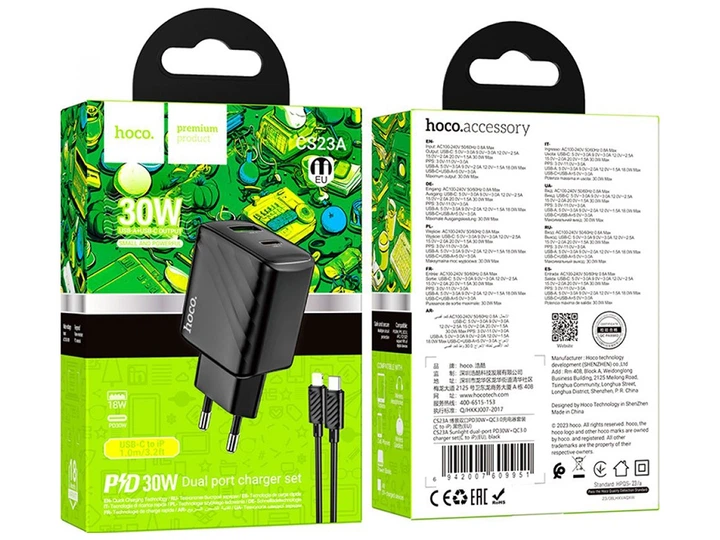 Сетевое зарядное устройство Hoco CS23A, 1USB, 1Type-C, PD, QC 30W, Type-C to Lightning Черный - изображение 7