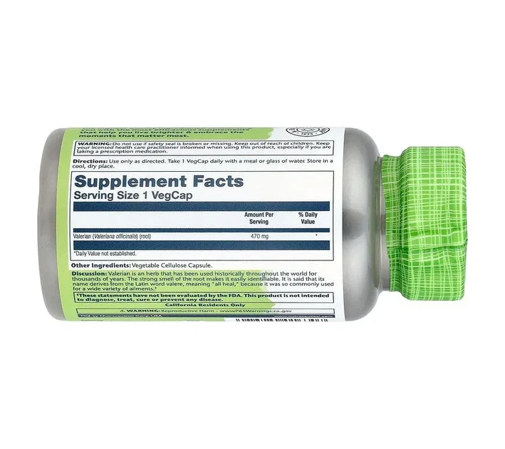 Корень валерианы Valerian Root 470 мг Solaray, 100 капсул - изображение 3