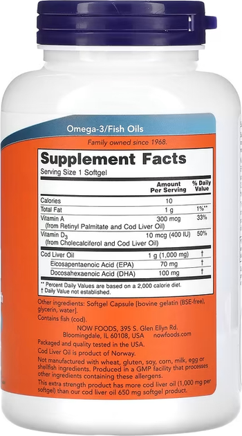 Дієтична добавка Now Foods Олія печінки тріски 1000 мг Extra Strength 180 капсул (733739017444) - зображення 2