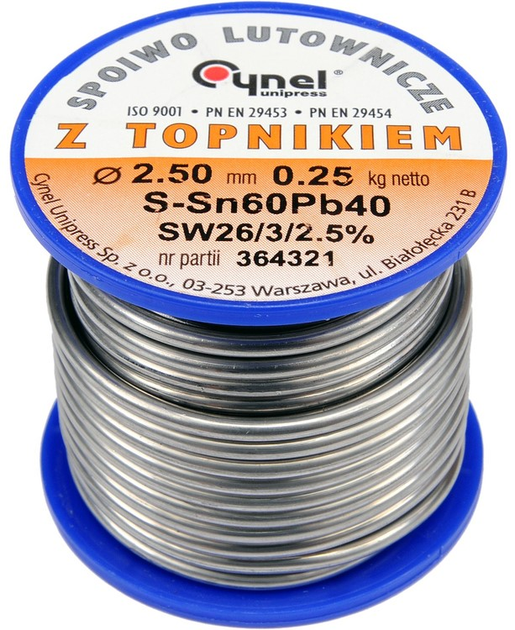 Припій Cynel Sn60-Pb40 дротяний на котушці діаметр 2.5 мм 250 г (5906083768231) - зображення 1