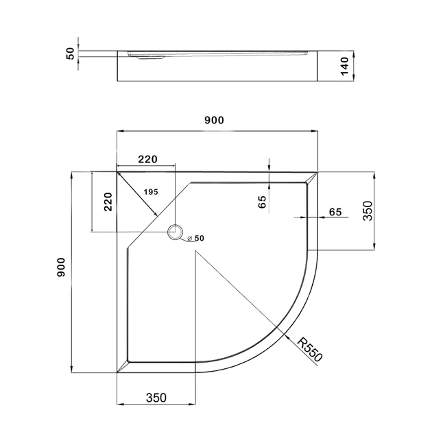 Душевой поддон Lidz Kapielka ST90x90x14 низкий, полукруглый, белый, диаметр слива 52 мм (LKAST909014) - изображение 4