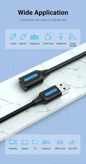 Кабель Vention USB 2.0 удлинитель 1м male-female (CBIBF) - изображение 2