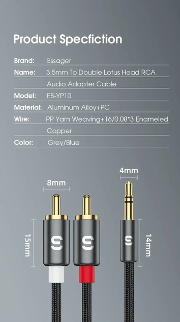 Кабель аудио Essager 3,5 мм Jack to 2RCA 3м Grey (EYPZJ-MYC0G) - Фото 8 Кабель аудио Essager 3,5 мм Jack to 2RCA 3м Grey (EYPZJ-MYC0G) - изображение 8
