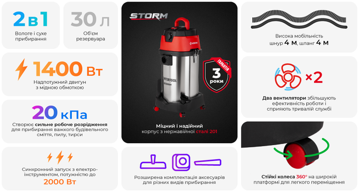 Пылесос строительный INTERTOOL WT-1430 STORM 1,4 кВт, бак 30 л нержавеющая сталь 201, розетка, HEPA фильтр, шланг 4 м - изображение 2