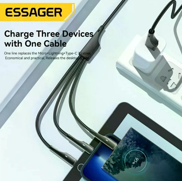 Універсальний кабель Essager 3в1 (USB - Lightning + Micro USB + Type-C, 1.2м, 3A) для заряджання смартфонів та гаджетів - зображення 5