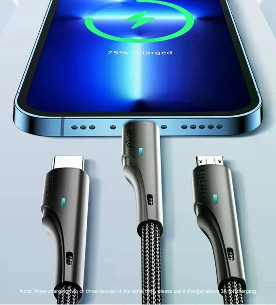 Універсальний кабель Essager 3в1 (USB - Lightning + Micro USB + Type-C, 1.2м, 3A) для заряджання смартфонів та гаджетів - зображення 6